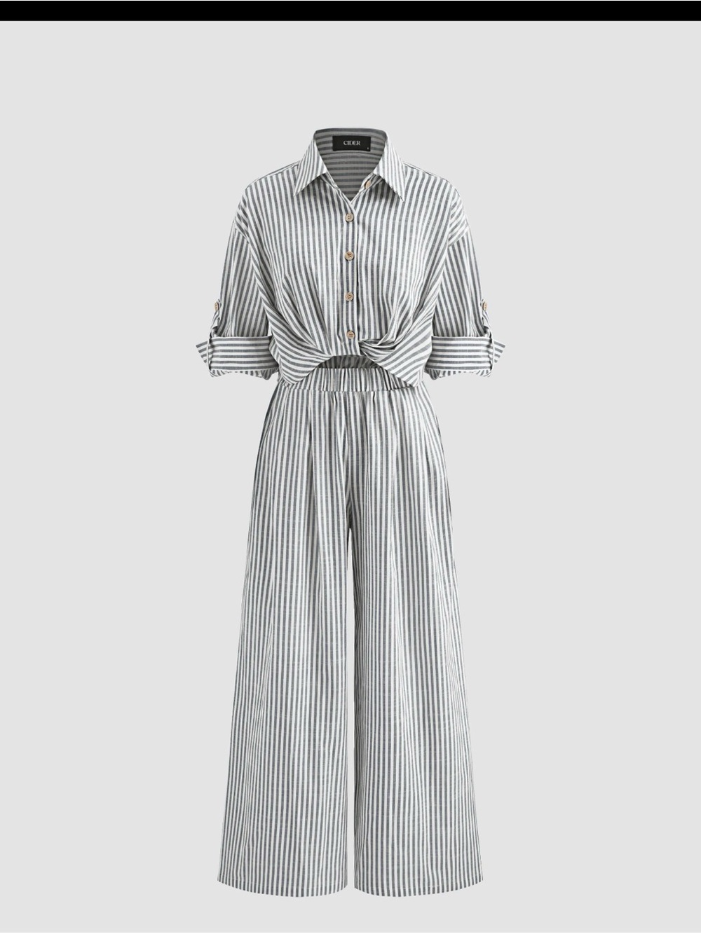 CIDER COTTON-BLEND COLLAR SOLID STRIPED KNOTTED ROLL-UP SLEEVE JUMPSUIT